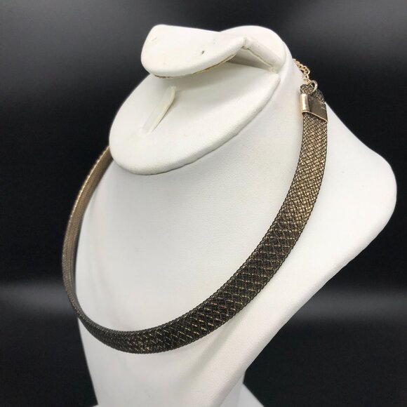 Gold Tone Formed Collar Necklace with Harlequin Design and Black Net Overlay - Picture 3 of 7